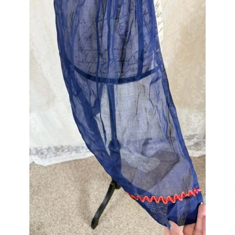 Vintage Sheer Navy Blue Half Apron Red Rick Rack Trim Pocket Retro Kitchen
